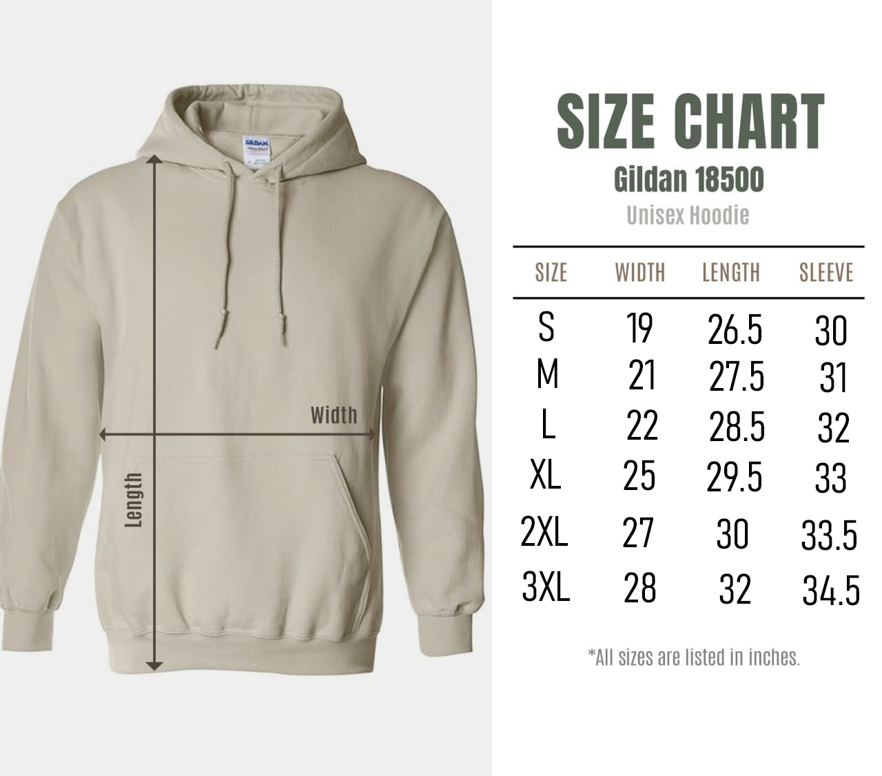 Beige hoodie with size chart on the right