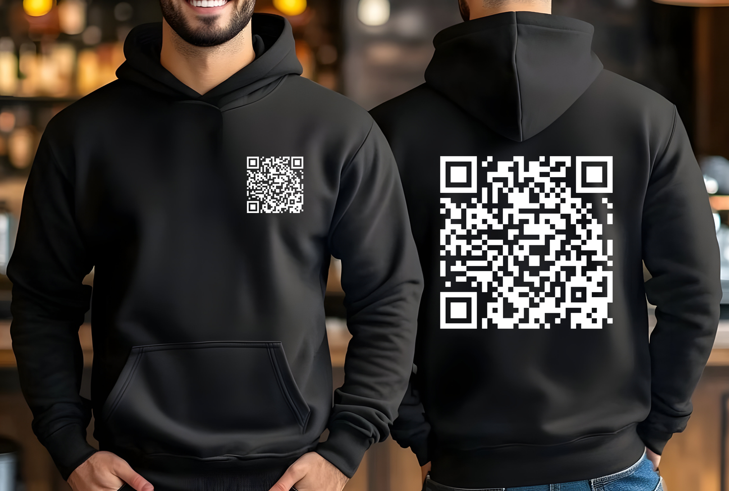 Two black hoodies with QR codes on the front and back, worn by a person.