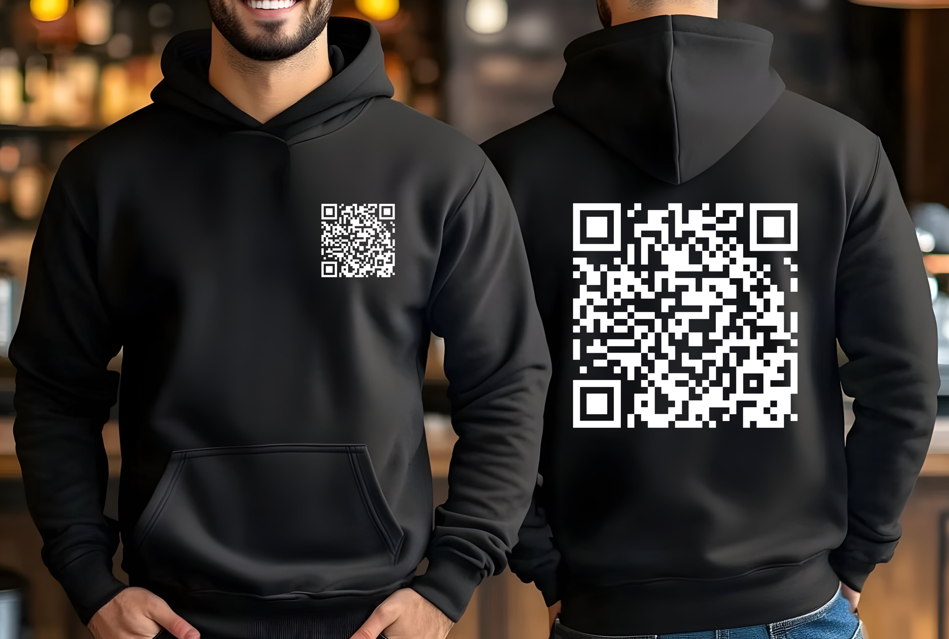 Two black hoodies with QR codes on the front and back, worn by a person.