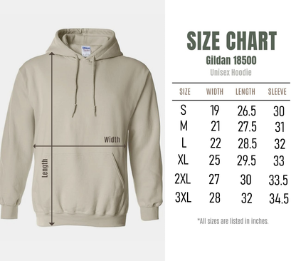 Beige hoodie with size chart on the right