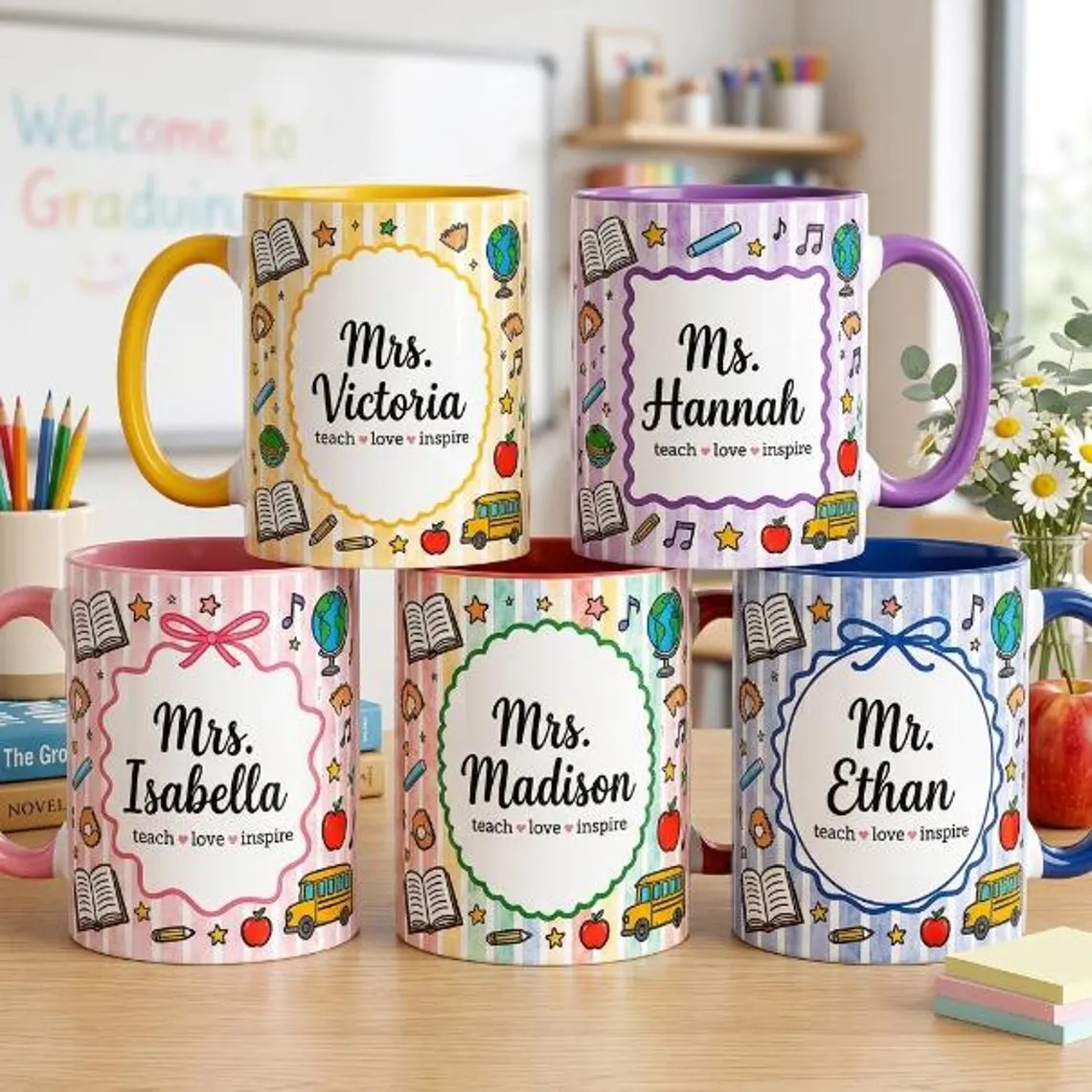 Personalized Teacher Mug, Custom Name Two-Tone Coffee Mug, Teacher Appreciation Gift, Back to School Gift for Teachers