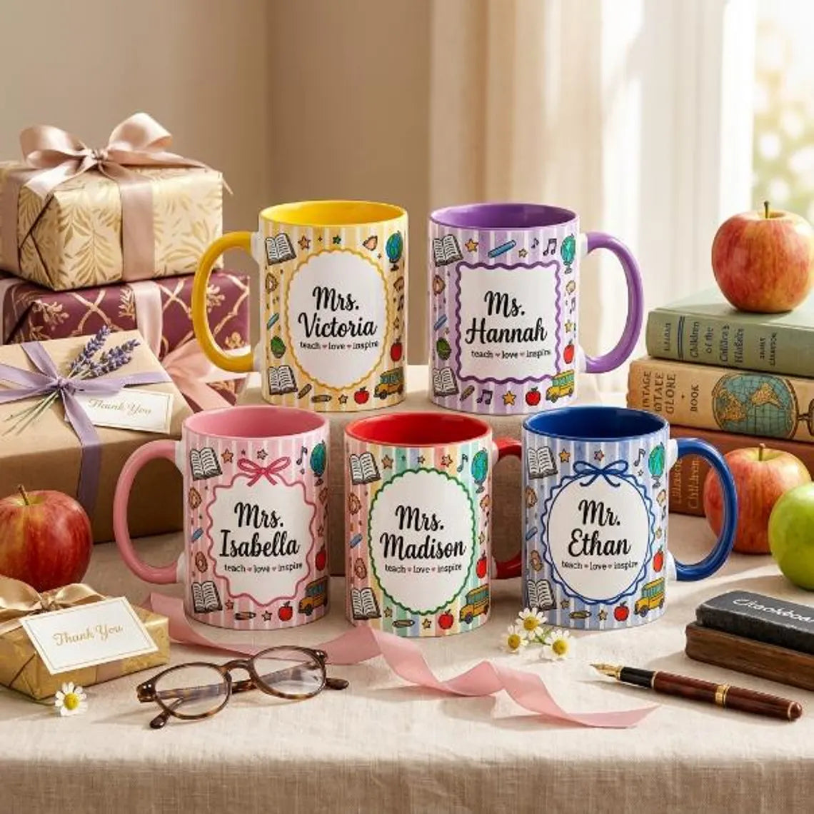 Personalized Teacher Mug, Custom Name Two-Tone Coffee Mug, Teacher Appreciation Gift, Back to School Gift for Teachers