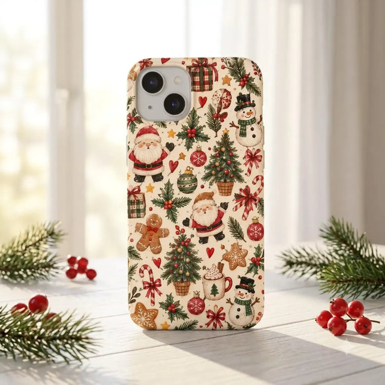 Christmas iPhone Case, Cute Santa Snowman Phone Case, Gingerbread Candy Cane Holiday Pattern Case, iPhone 12 13 14 15 16 17 Case, Christmas Gift