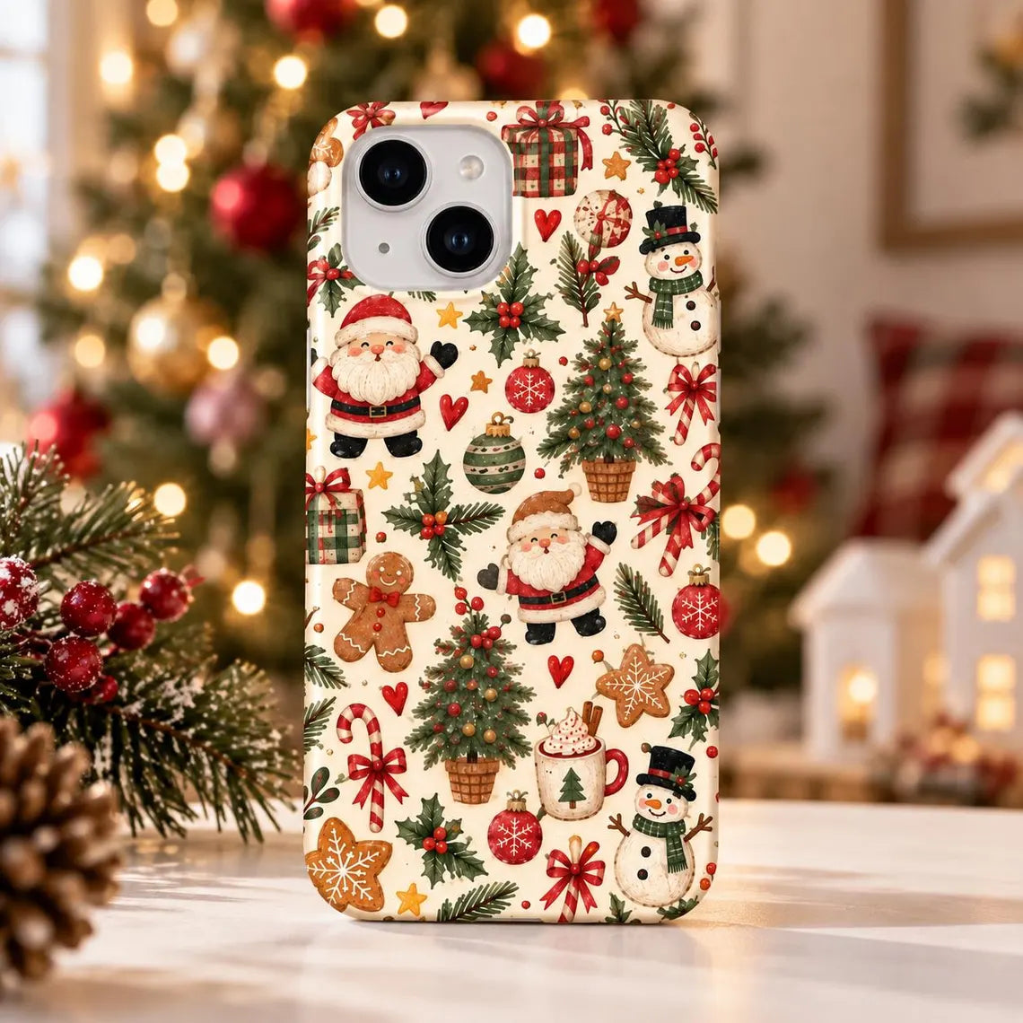Christmas iPhone Case, Cute Santa Snowman Phone Case, Gingerbread Candy Cane Holiday Pattern Case, iPhone 12 13 14 15 16 17 Case, Christmas Gift