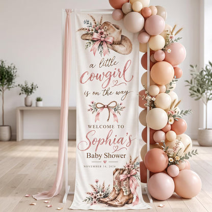 Personalized Cowgirl Baby Shower Tapestry, Little Cowgirl On The Way Welcome Sign, Western Rodeo Baby Shower Linen Banner