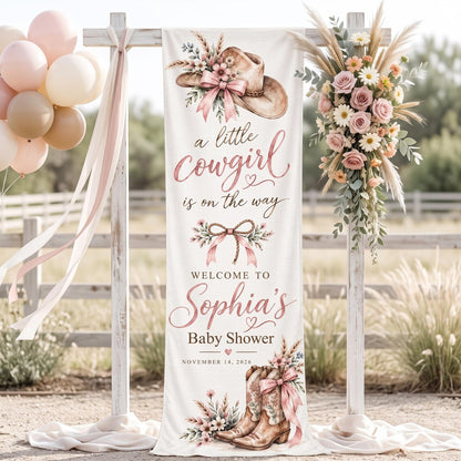Personalized Cowgirl Baby Shower Tapestry, Little Cowgirl On The Way Welcome Sign, Western Rodeo Baby Shower Linen Banner