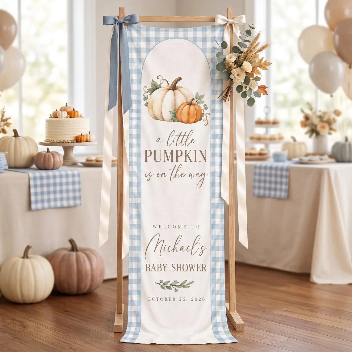 Personalized Little Pumpkin Baby Shower Tapestry, Custom Blue Gingham Welcome Banner, Fall Boy Baby Shower Decor, Linen Wall Hanging