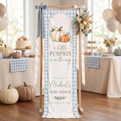 Personalized Little Pumpkin Baby Shower Tapestry, Custom Blue Gingham Welcome Banner, Fall Boy Baby Shower Decor, Linen Wall Hanging