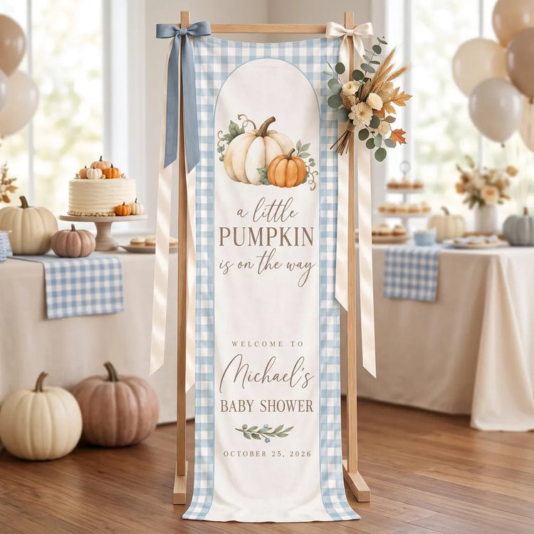 Personalized Little Pumpkin Baby Shower Tapestry, Custom Blue Gingham Welcome Banner, Fall Boy Baby Shower Decor, Linen Wall Hanging