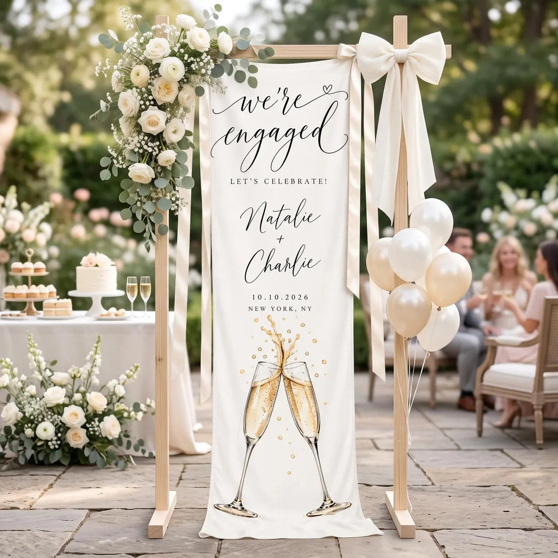 Personalized Engagement Party Tapestry, We're Engaged Welcome Banner, Custom Couple Names Sign, Champagne Celebration Linen Decor