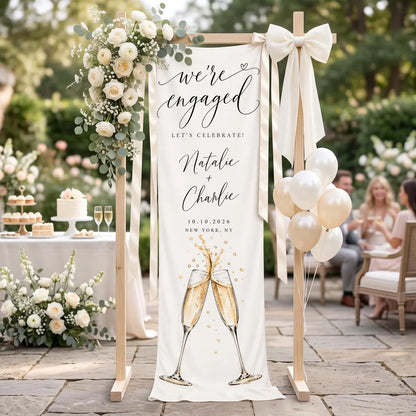 Personalized Engagement Party Tapestry, We're Engaged Welcome Banner, Custom Couple Names Sign, Champagne Celebration Linen Decor