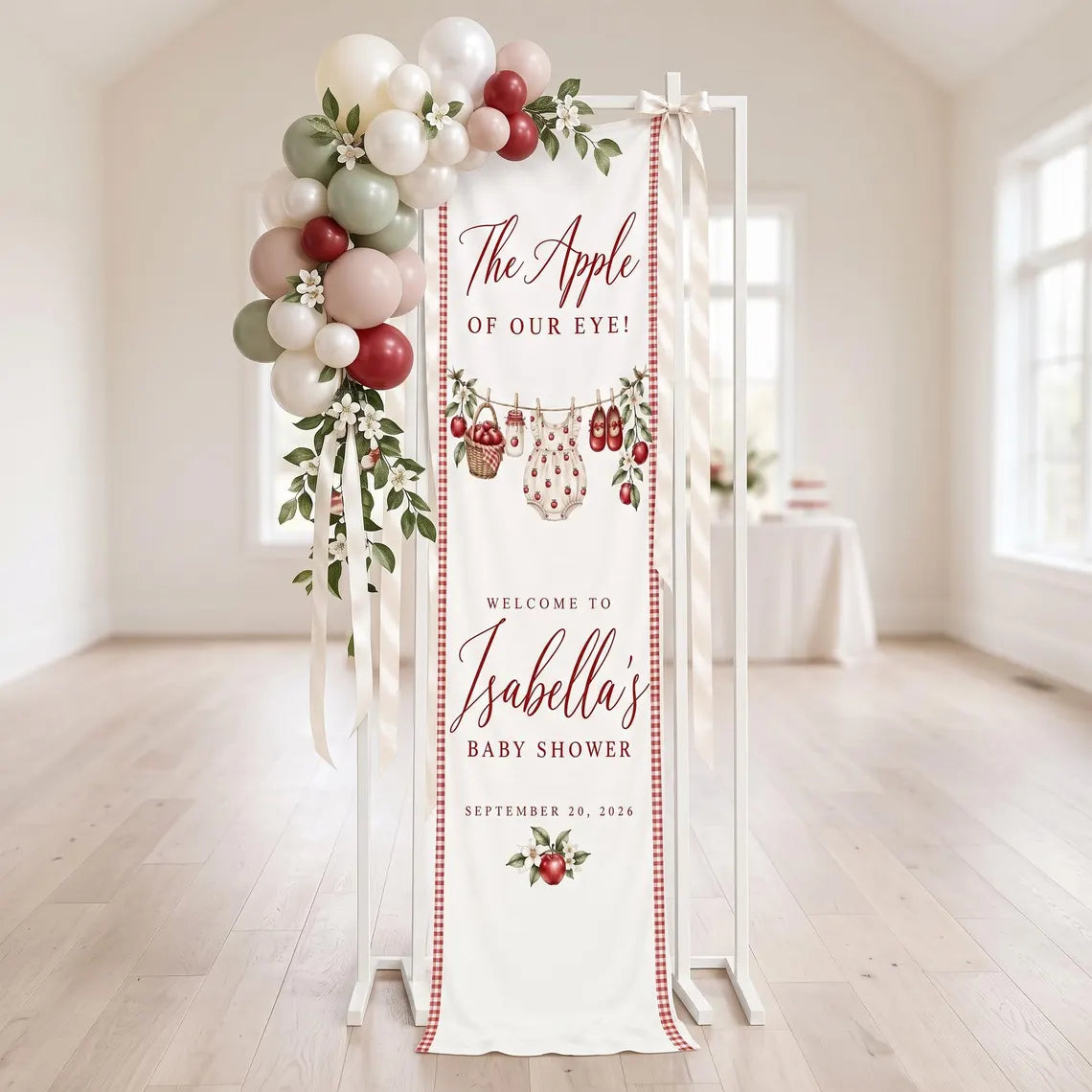 Personalized Apple Baby Shower Tapestry, Custom Red Gingham Welcome Banner, Fall Baby Shower Decor, Linen Wall Hanging