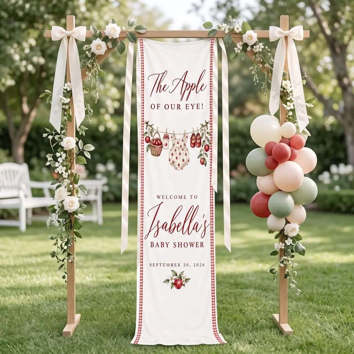 Personalized Apple Baby Shower Tapestry, Custom Red Gingham Welcome Banner, Fall Baby Shower Decor, Linen Wall Hanging
