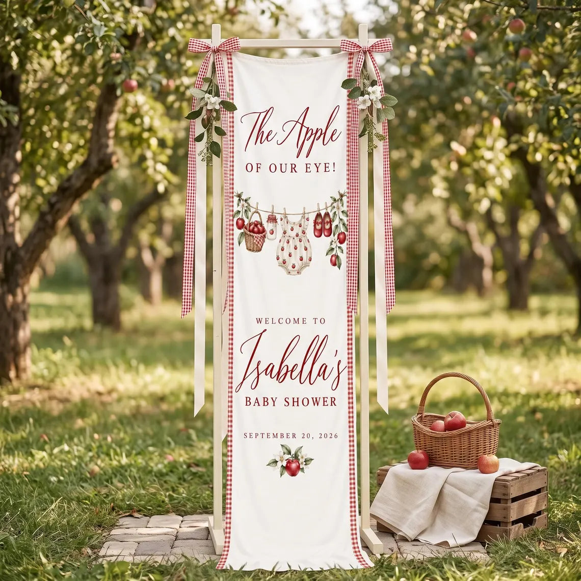 Personalized Apple Baby Shower Tapestry, Custom Red Gingham Welcome Banner, Fall Baby Shower Decor, Linen Wall Hanging