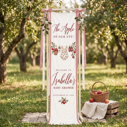 Personalized Apple Baby Shower Tapestry, Custom Red Gingham Welcome Banner, Fall Baby Shower Decor, Linen Wall Hanging