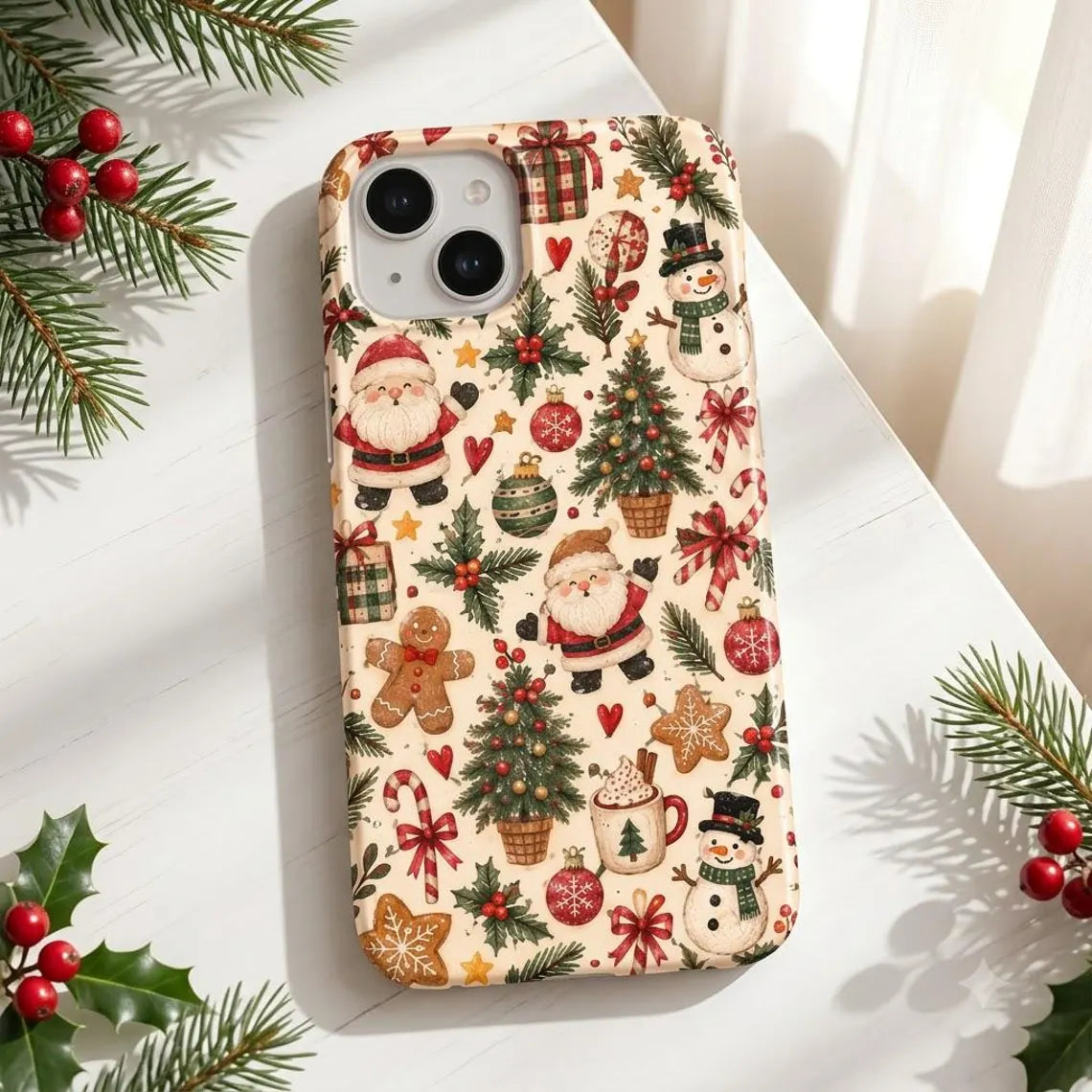 Christmas iPhone Case, Cute Santa Snowman Phone Case, Gingerbread Candy Cane Holiday Pattern Case, iPhone 12 13 14 15 16 17 Case, Christmas Gift