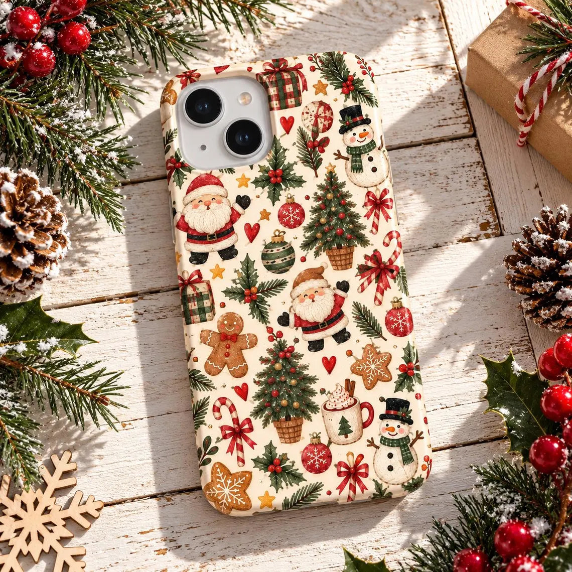 Christmas iPhone Case, Cute Santa Snowman Phone Case, Gingerbread Candy Cane Holiday Pattern Case, iPhone 12 13 14 15 16 17 Case, Christmas Gift