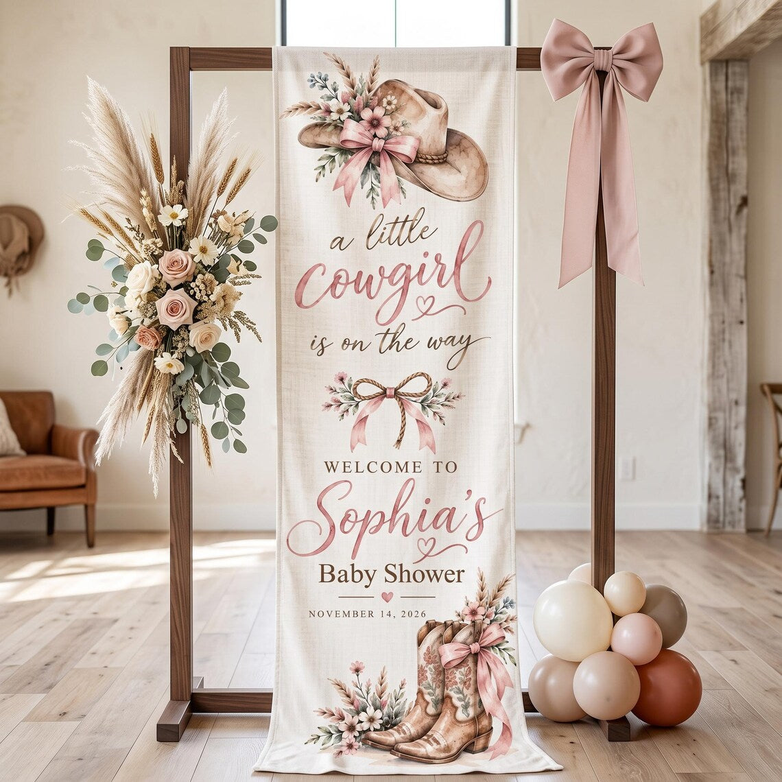 Personalized Cowgirl Baby Shower Tapestry, Little Cowgirl On The Way Welcome Sign, Western Rodeo Baby Shower Linen Banner