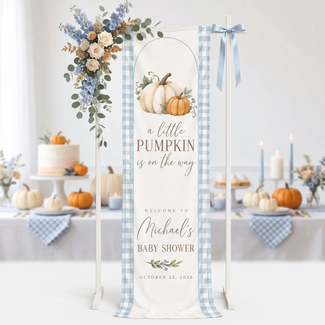 Personalized Little Pumpkin Baby Shower Tapestry, Custom Blue Gingham Welcome Banner, Fall Boy Baby Shower Decor, Linen Wall Hanging