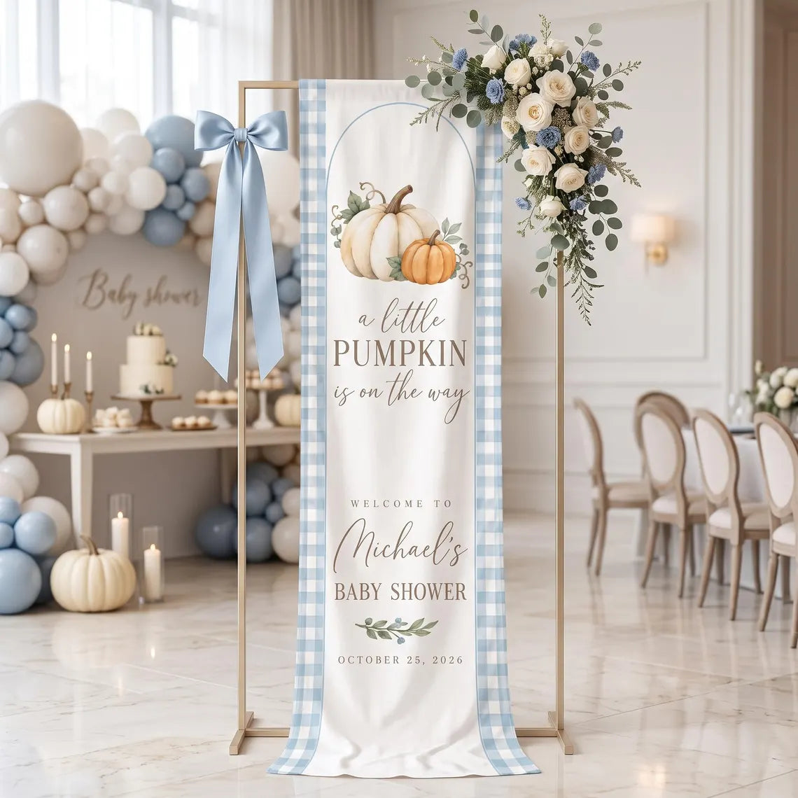 Personalized Little Pumpkin Baby Shower Tapestry, Custom Blue Gingham Welcome Banner, Fall Boy Baby Shower Decor, Linen Wall Hanging