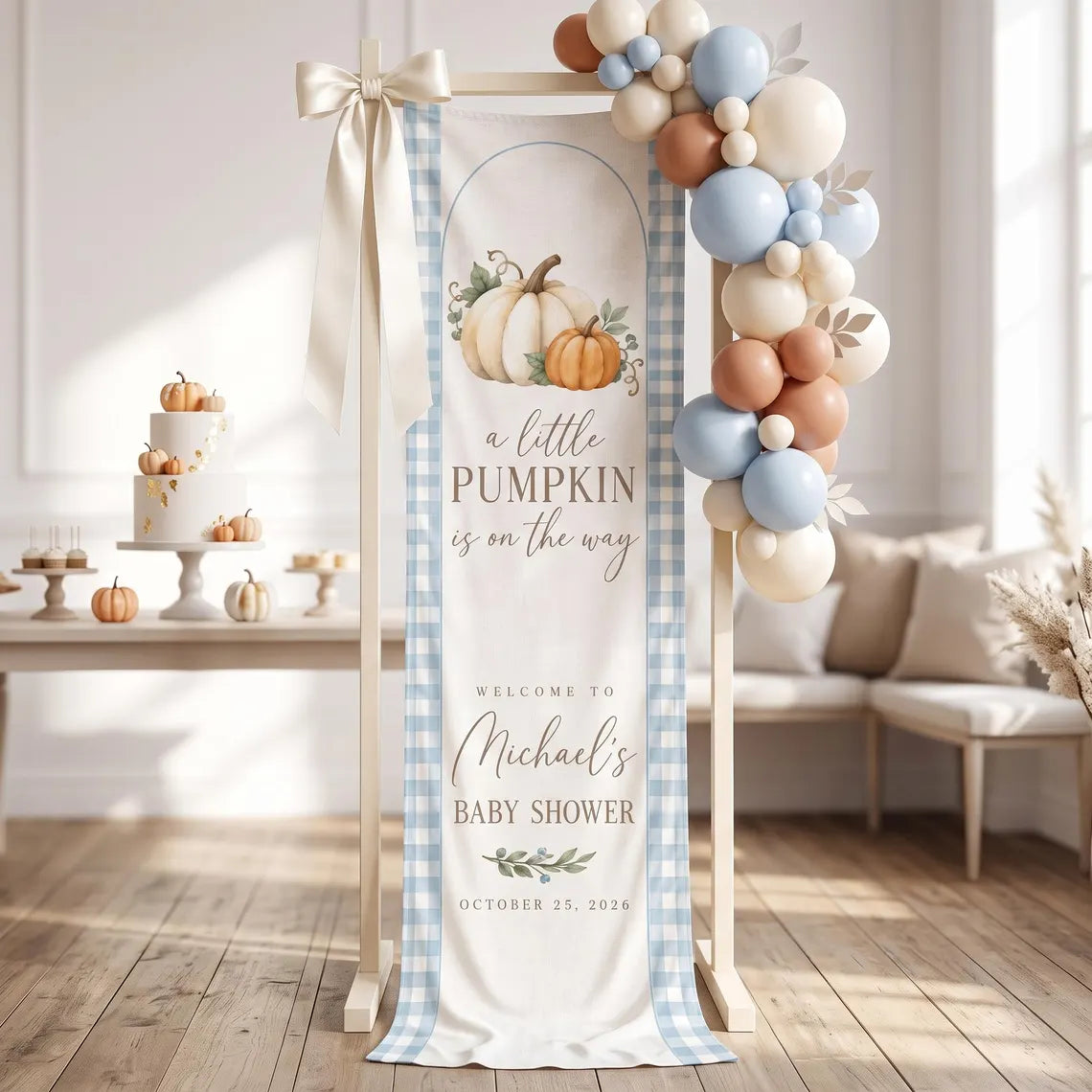 Personalized Little Pumpkin Baby Shower Tapestry, Custom Blue Gingham Welcome Banner, Fall Boy Baby Shower Decor, Linen Wall Hanging