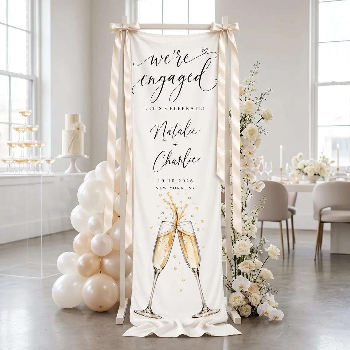 Personalized Engagement Party Tapestry, We're Engaged Welcome Banner, Custom Couple Names Sign, Champagne Celebration Linen Decor