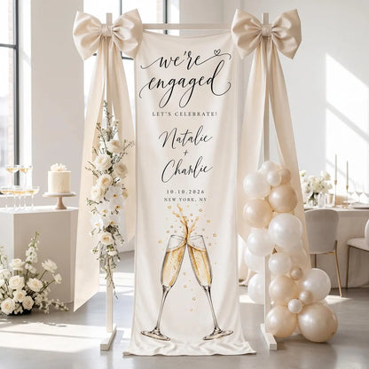 Personalized Engagement Party Tapestry, We're Engaged Welcome Banner, Custom Couple Names Sign, Champagne Celebration Linen Decor
