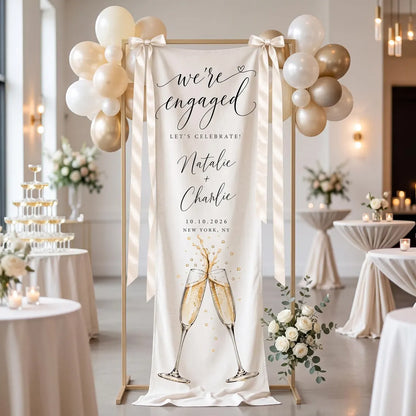 Personalized Engagement Party Tapestry, We're Engaged Welcome Banner, Custom Couple Names Sign, Champagne Celebration Linen Decor