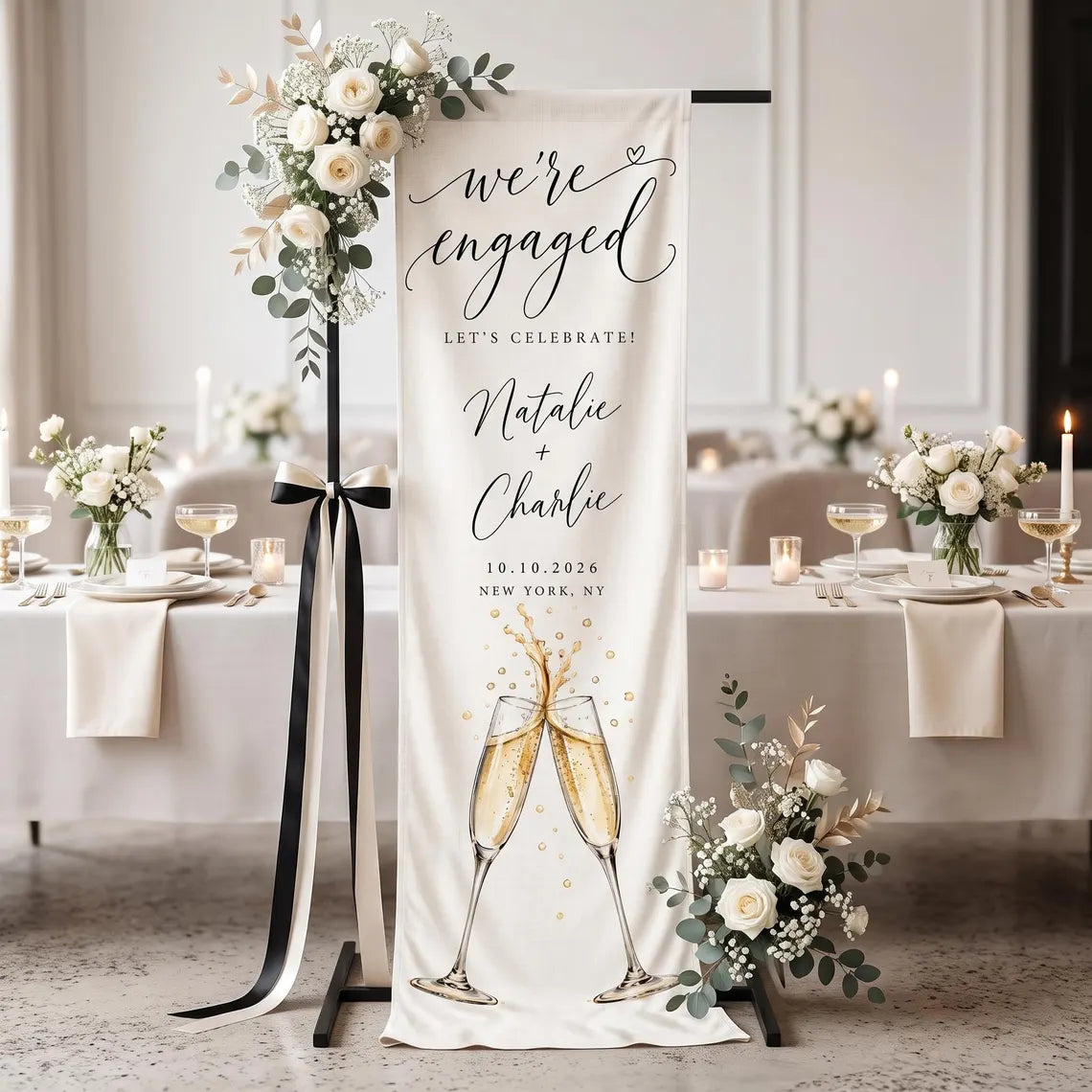 Personalized Engagement Party Tapestry, We're Engaged Welcome Banner, Custom Couple Names Sign, Champagne Celebration Linen Decor