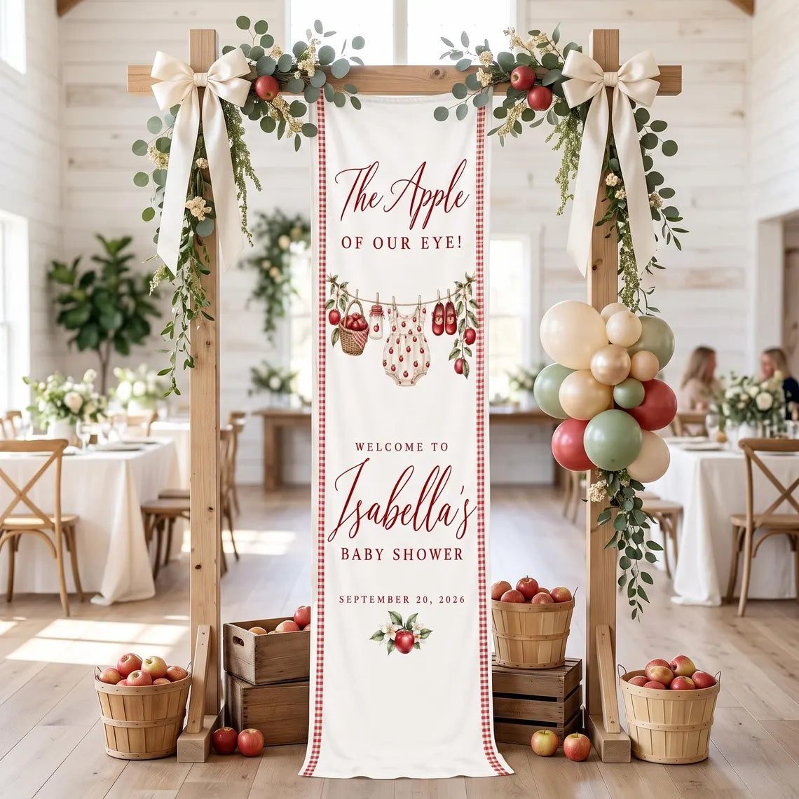 Personalized Apple Baby Shower Tapestry, Custom Red Gingham Welcome Banner, Fall Baby Shower Decor, Linen Wall Hanging