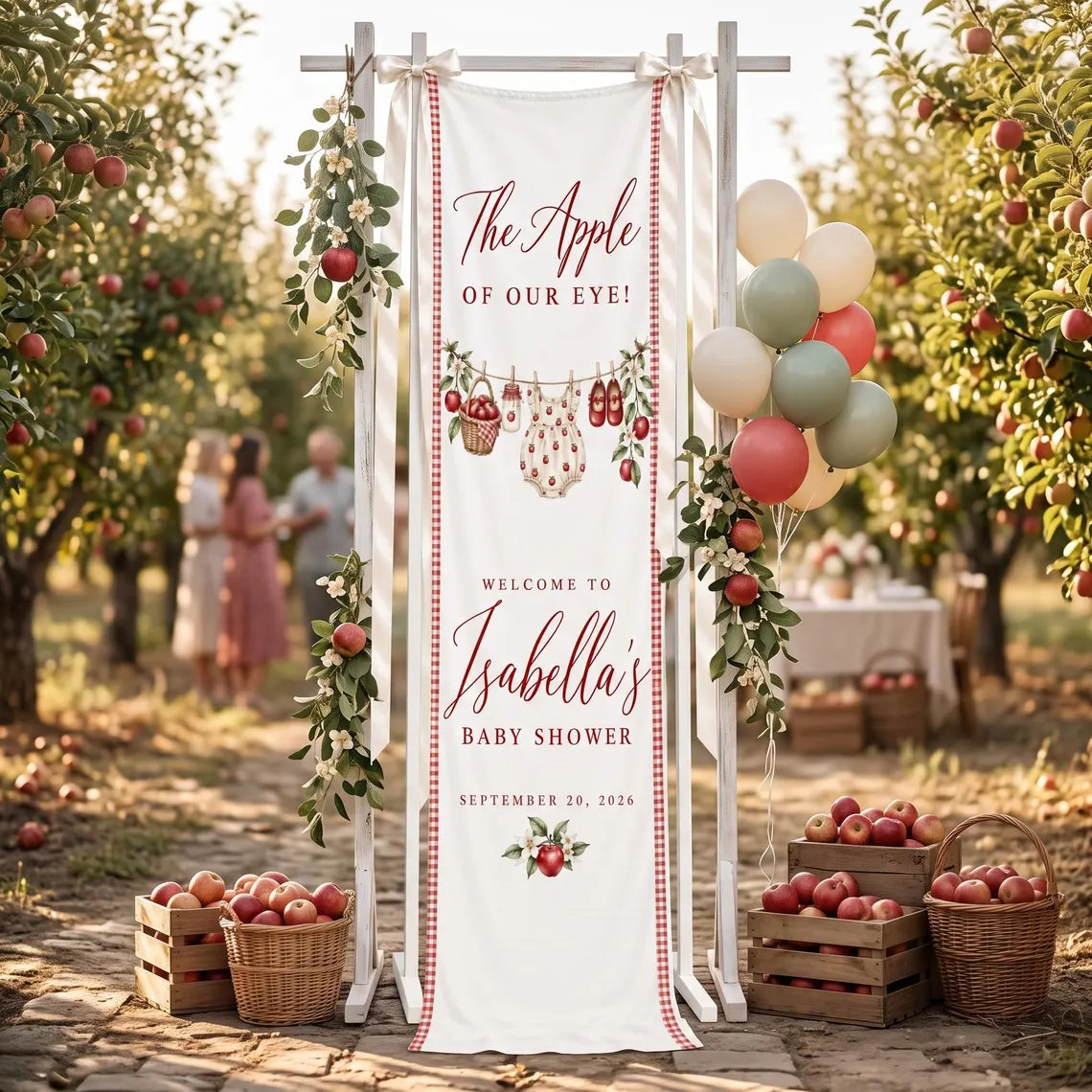 Personalized Apple Baby Shower Tapestry, Custom Red Gingham Welcome Banner, Fall Baby Shower Decor, Linen Wall Hanging