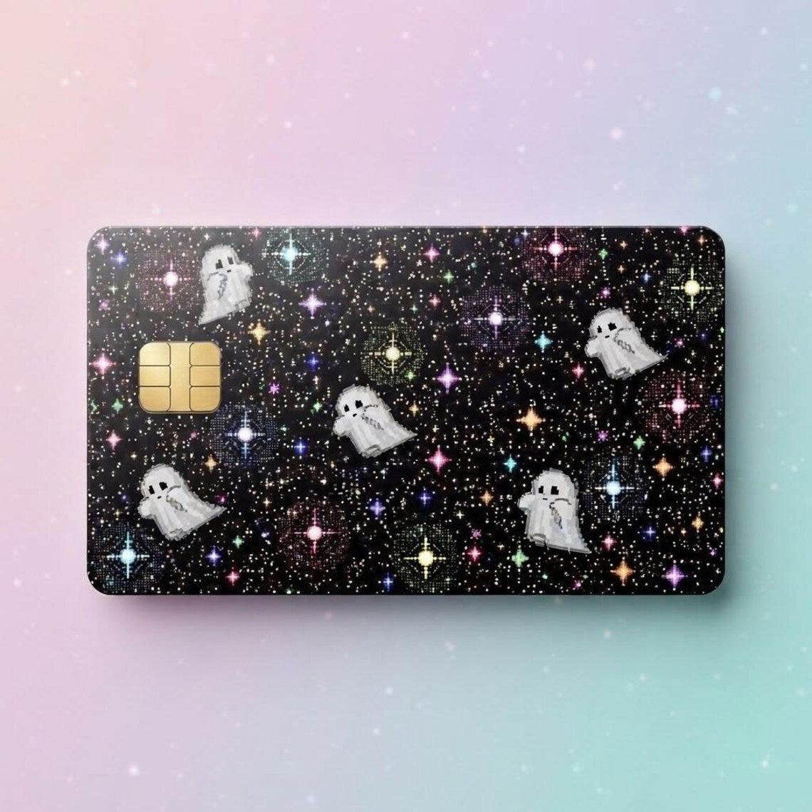 Pixel Ghost Card Skin, Cute Galaxy Stars Credit Card Sticker, Retro Space Debit Card Decal, Vinyl Bank Card Cover, Kawaii Ghost Gift