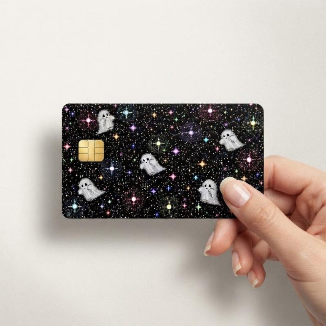 Pixel Ghost Card Skin, Cute Galaxy Stars Credit Card Sticker, Retro Space Debit Card Decal, Vinyl Bank Card Cover, Kawaii Ghost Gift