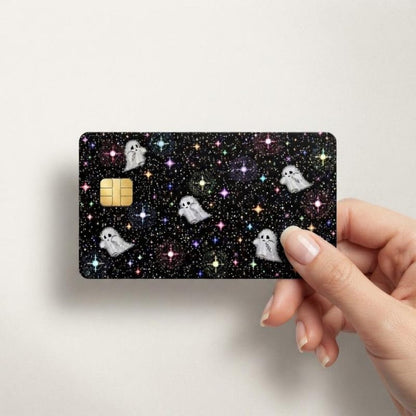Pixel Ghost Card Skin, Cute Galaxy Stars Credit Card Sticker, Retro Space Debit Card Decal, Vinyl Bank Card Cover, Kawaii Ghost Gift