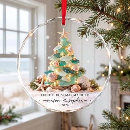 Personalized First Christmas Married Ornament 2026, Sea Glass Christmas Tree Ornament, Coastal Newlywed Keepsake, Beach Wedding Gift for Couple
