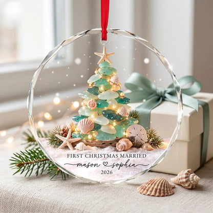 Personalized First Christmas Married Ornament 2026, Sea Glass Christmas Tree Ornament, Coastal Newlywed Keepsake, Beach Wedding Gift for Couple