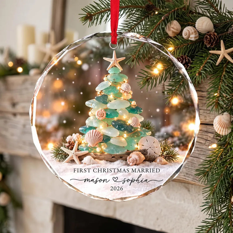 Personalized First Christmas Married Ornament 2026, Sea Glass Christmas Tree Ornament, Coastal Newlywed Keepsake, Beach Wedding Gift for Couple
