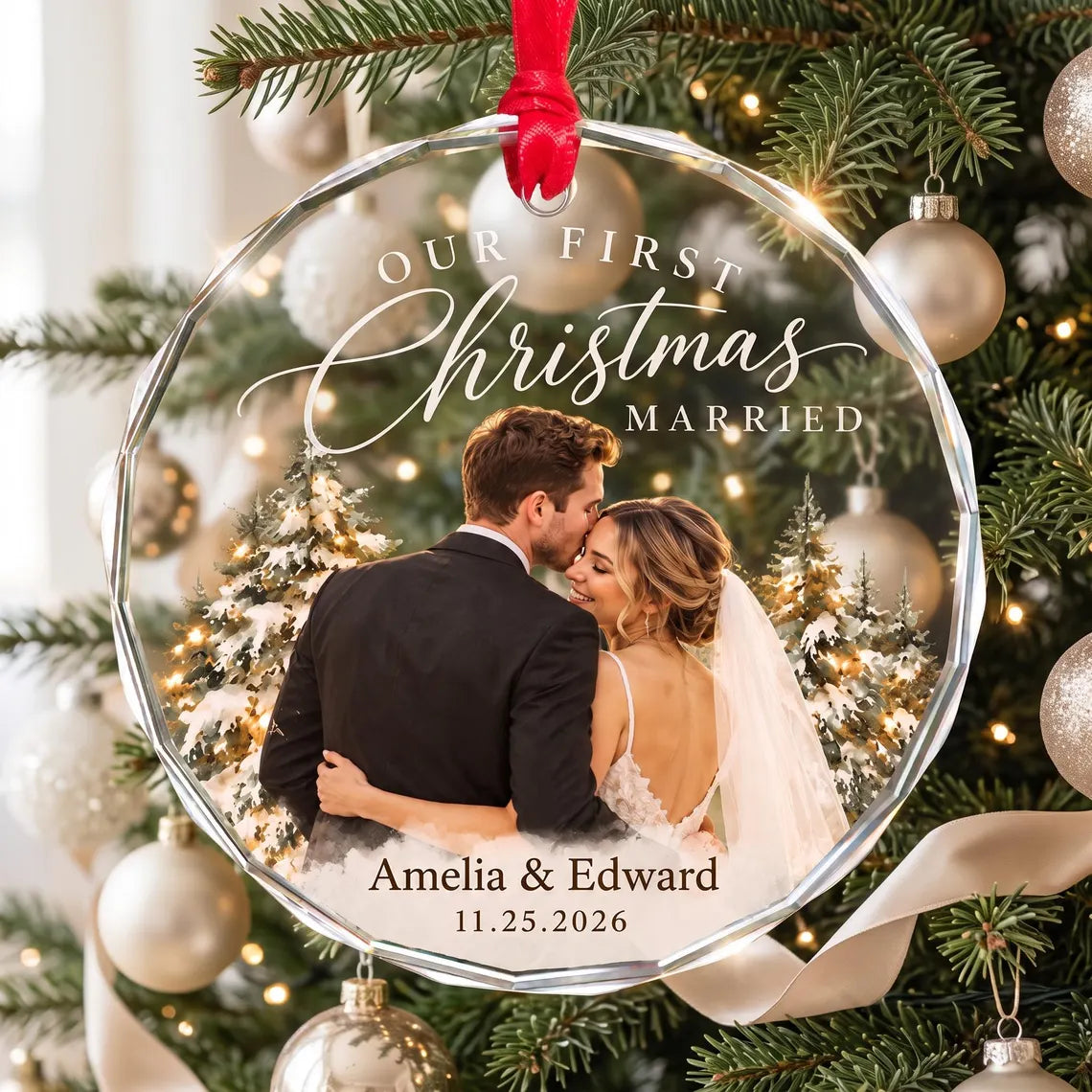 Personalized First Christmas Married Ornament, Custom Wedding Photo Ornament, Newlywed Keepsake, Wedding Gift for Couple