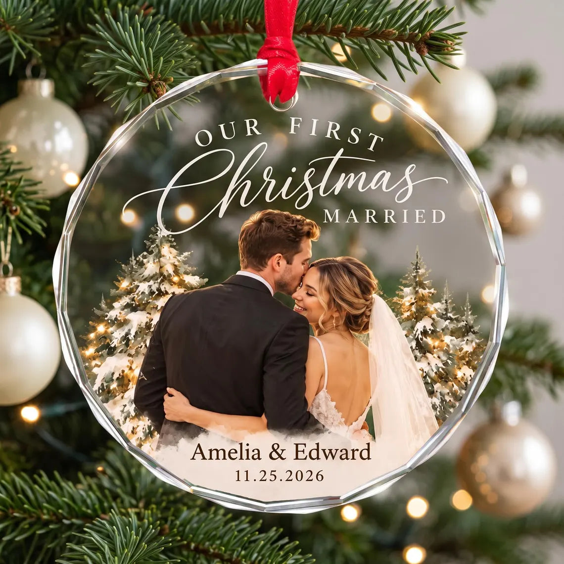 Personalized First Christmas Married Ornament, Custom Wedding Photo Ornament, Newlywed Keepsake, Wedding Gift for Couple