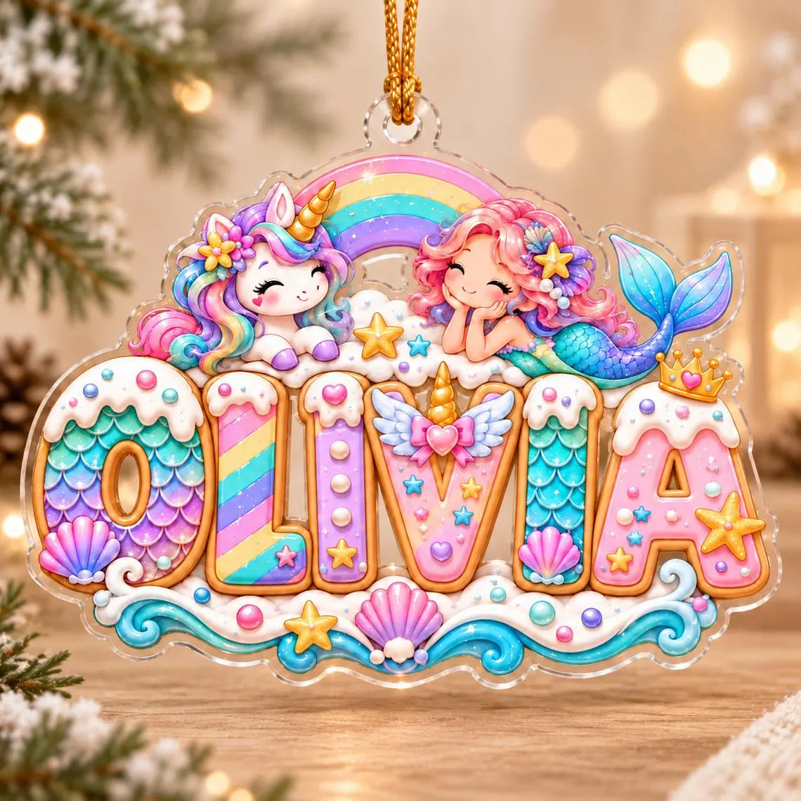 Personalized Mermaid and Unicorn Christmas Ornament 2026, Custom Name Acrylic Ornament, Rainbow Girl Keepsake, Gift for Daughter or Granddaughter
