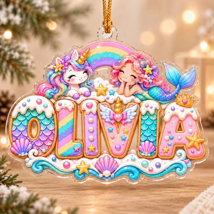 Personalized Mermaid and Unicorn Christmas Ornament 2026, Custom Name Acrylic Ornament, Rainbow Girl Keepsake, Gift for Daughter or Granddaughter