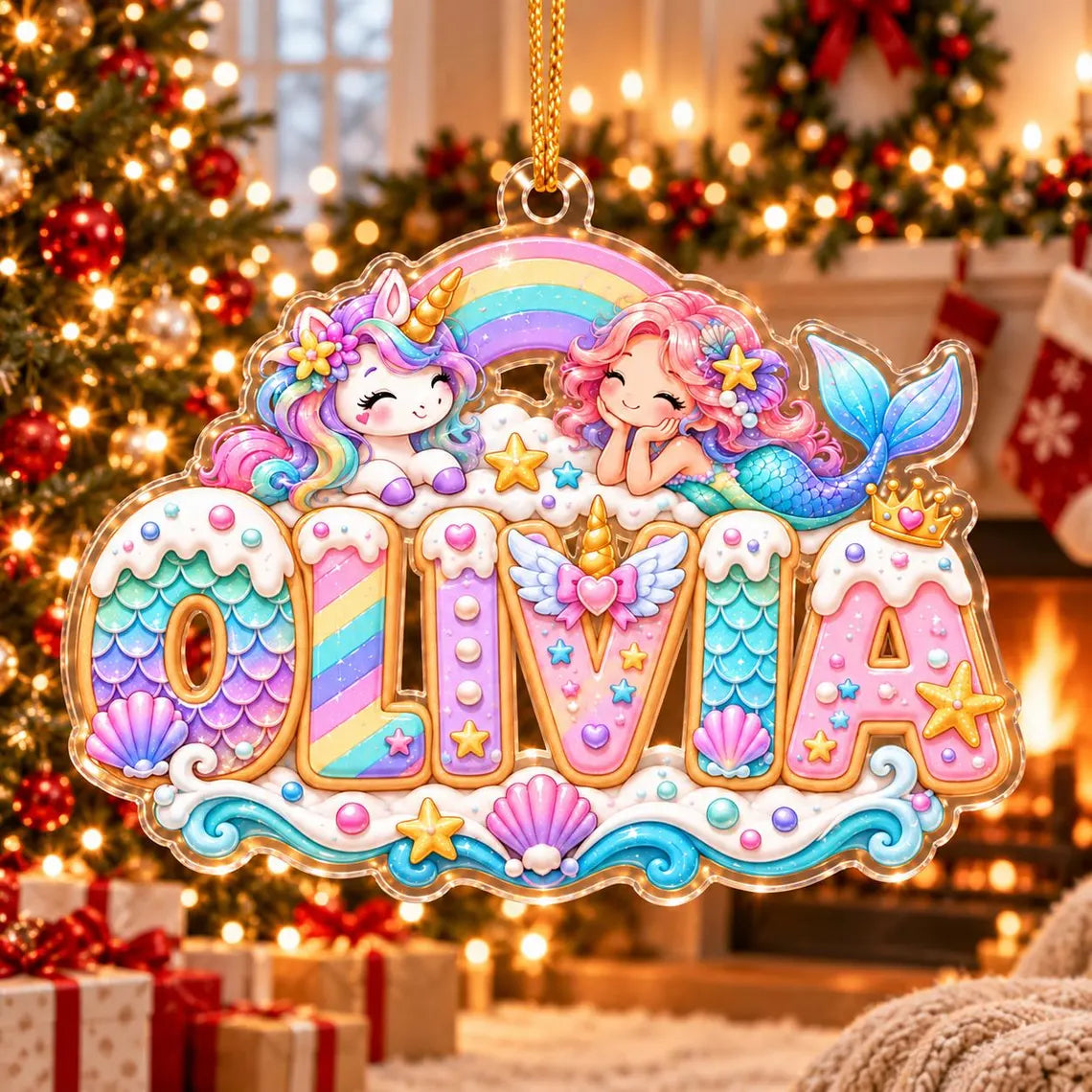 Personalized Mermaid and Unicorn Christmas Ornament 2026, Custom Name Acrylic Ornament, Rainbow Girl Keepsake, Gift for Daughter or Granddaughter