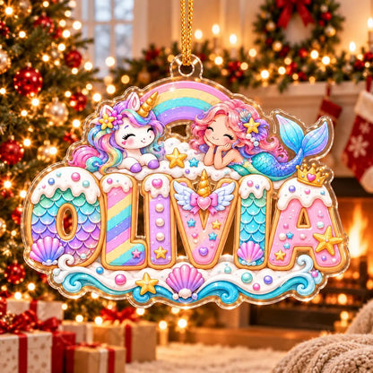 Personalized Mermaid and Unicorn Christmas Ornament 2026, Custom Name Acrylic Ornament, Rainbow Girl Keepsake, Gift for Daughter or Granddaughter