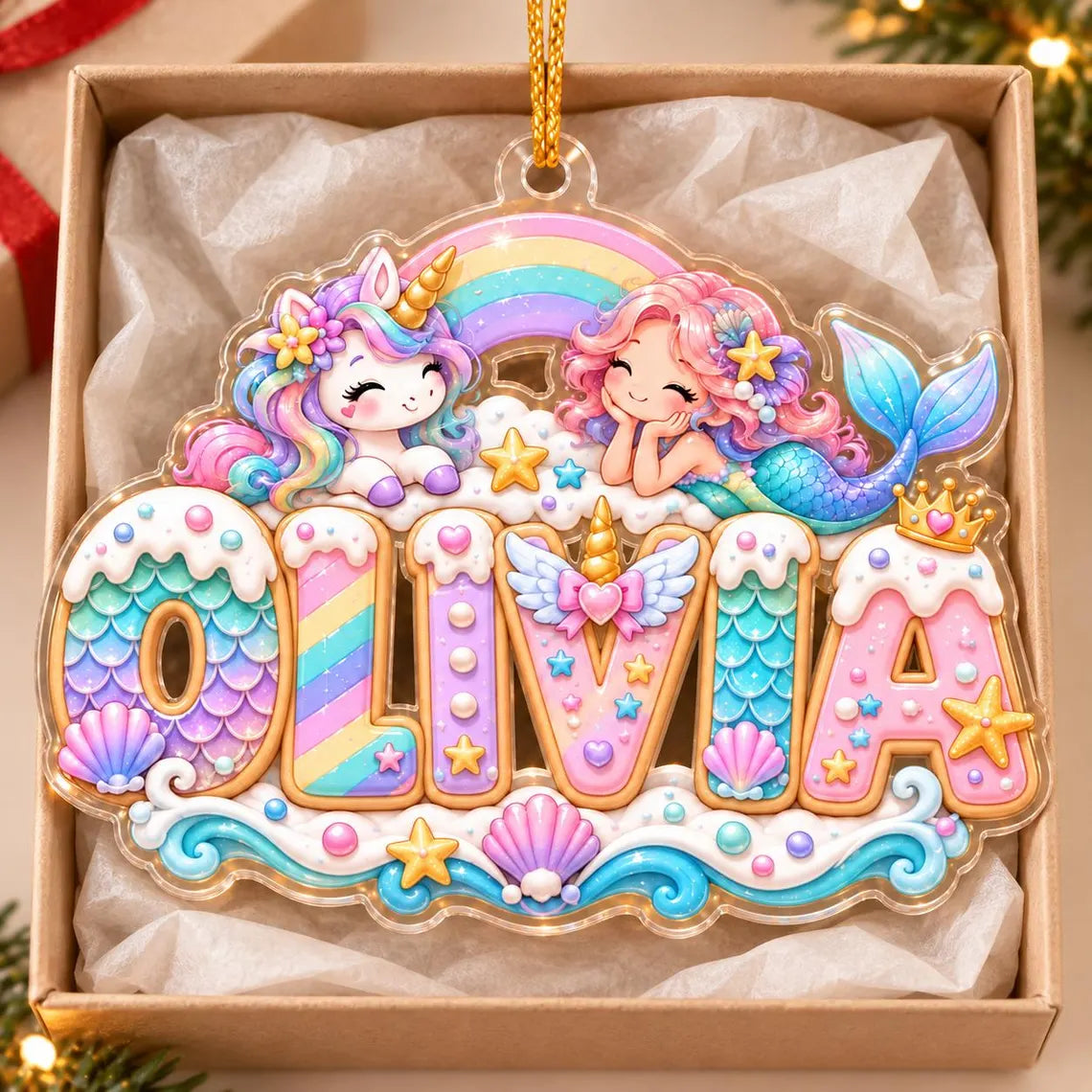 Personalized Mermaid and Unicorn Christmas Ornament 2026, Custom Name Acrylic Ornament, Rainbow Girl Keepsake, Gift for Daughter or Granddaughter
