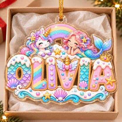 Personalized Mermaid and Unicorn Christmas Ornament 2026, Custom Name Acrylic Ornament, Rainbow Girl Keepsake, Gift for Daughter or Granddaughter