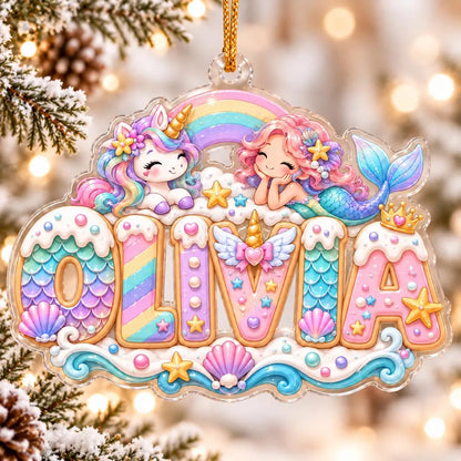 Personalized Mermaid and Unicorn Christmas Ornament 2026, Custom Name Acrylic Ornament, Rainbow Girl Keepsake, Gift for Daughter or Granddaughter