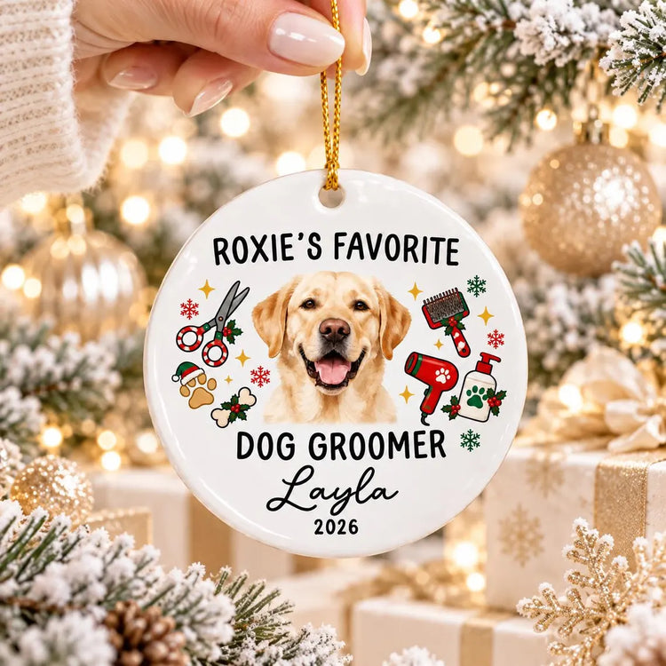 Personalized Dog Groomer Christmas Ornament 2026, Custom Pet Photo Ceramic Ornament, Thank You Gift for Pet Groomer