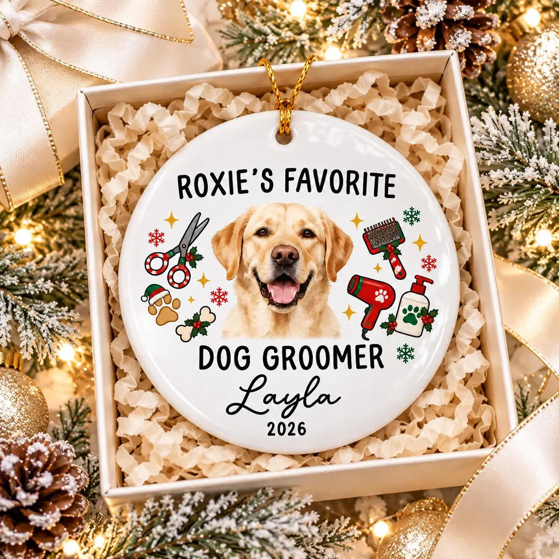 Personalized Dog Groomer Christmas Ornament 2026, Custom Pet Photo Ceramic Ornament, Thank You Gift for Pet Groomer