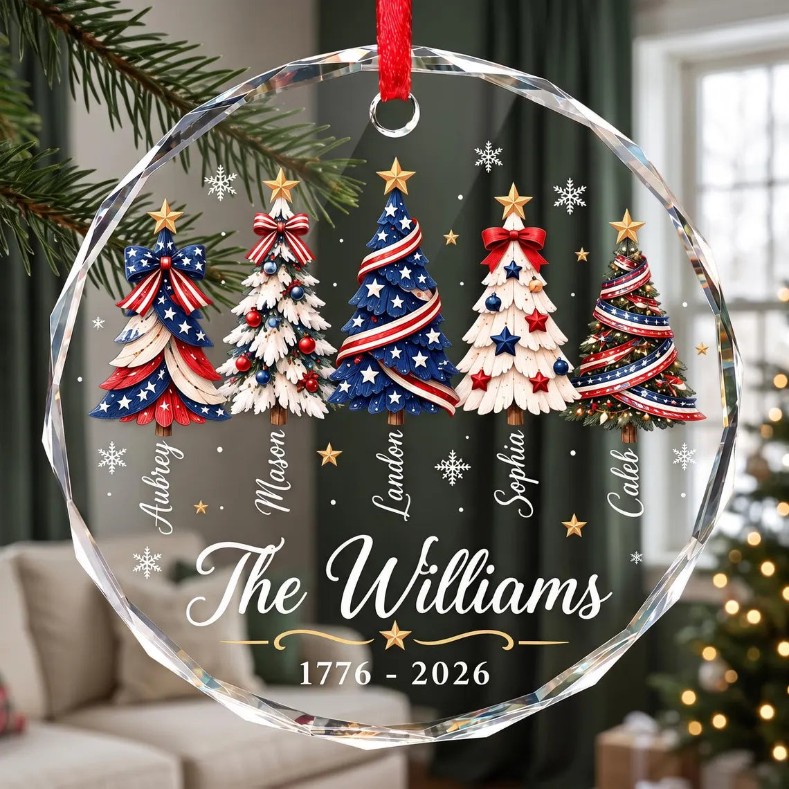 Personalized Patriotic Christmas Ornament 2026, America Christmas Ornament, Custom Family Name Glass Ornament, Red White Blue Tree Decor