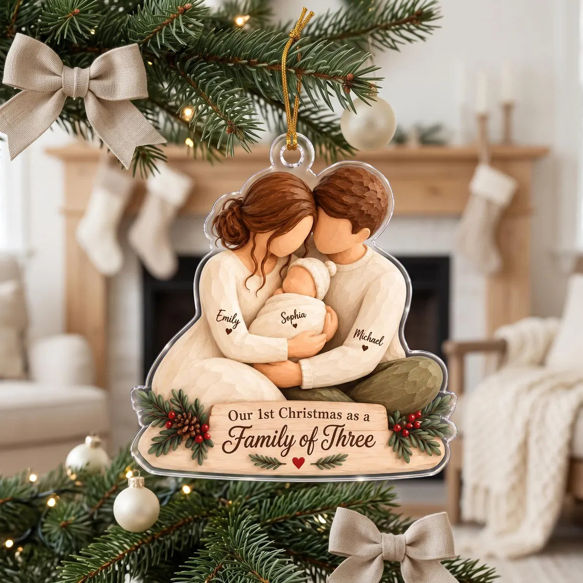 Personalized Family of Three Ornament, First Christmas as a Family of 3, Custom Names Ornament, New Baby Gift